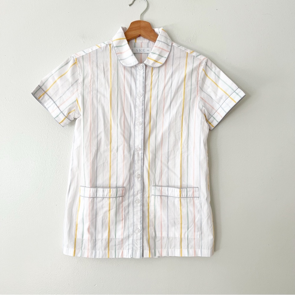 LAKE Women’s Striped Short Sleeve Pajama Top Button Up Collar XXS.